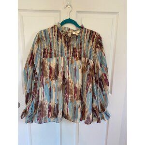 Entro Womens Long Sleeve Smocked Detail Blouse - Multi-Color Abstract Print Size